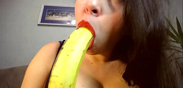  hot brunette suck banana like a dick and fuck them with huge titts!